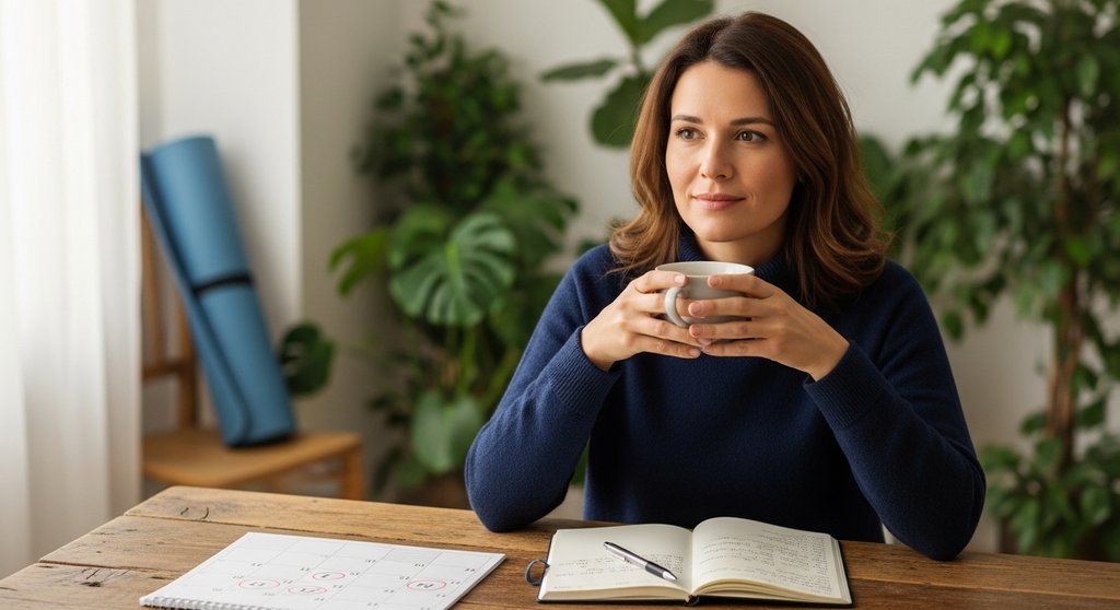 Frau reflektiert ihre Yoga-Challenge und plant ihre zukünftige Yoga-Routine.