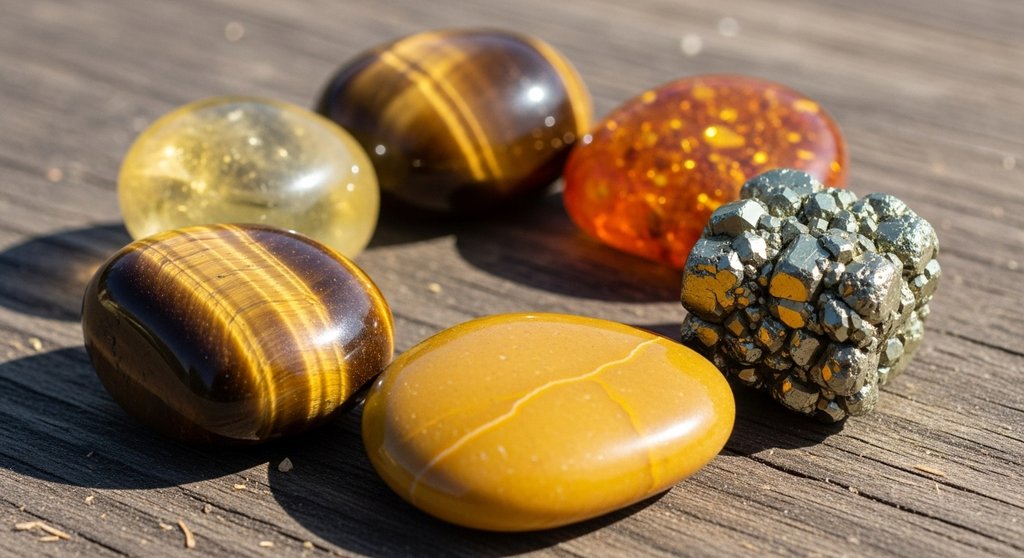 Fünf verschiedene Heilsteine für das Solarplexuschakra auf einem Holztisch.