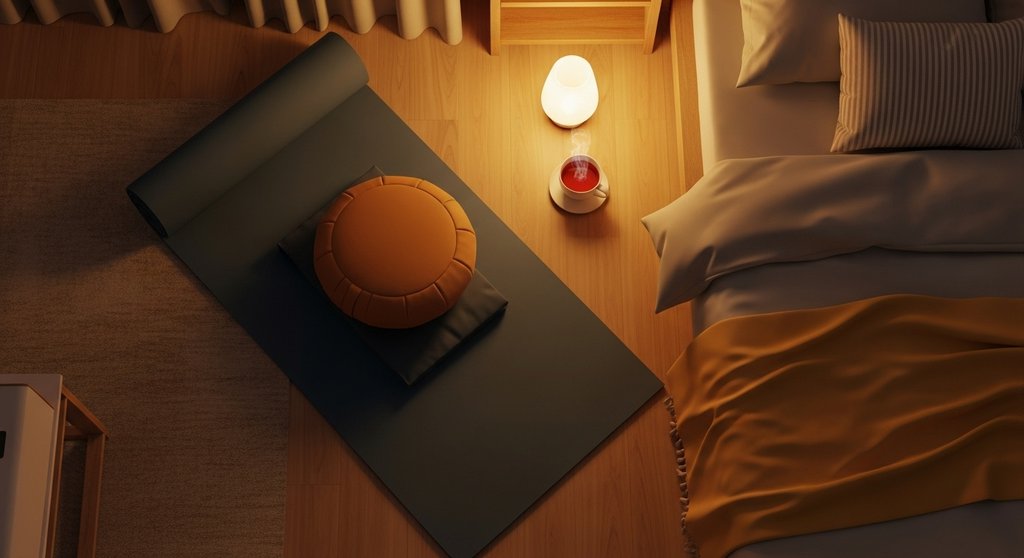 Gemütliche Ecke für die abendliche Meditationsroutine zur Schlafförderung.