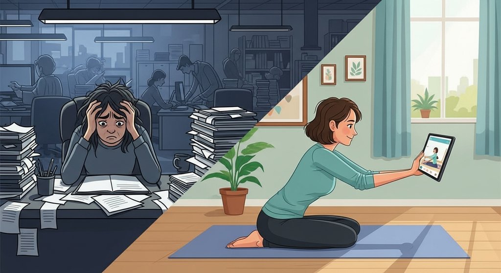 Grafik zeigt den Kontrast zwischen Büro-Stress und Entspannung durch Yoga zuhause mit einer App.