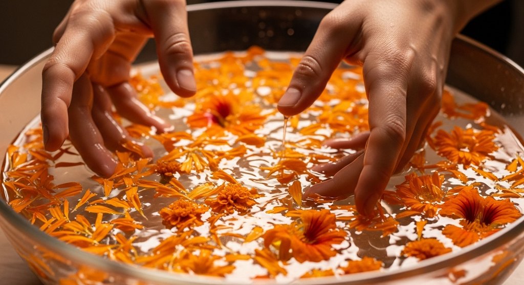 Hände spielen mit orangen Blüten im Wasser zur Aktivierung des Sakralchakras.