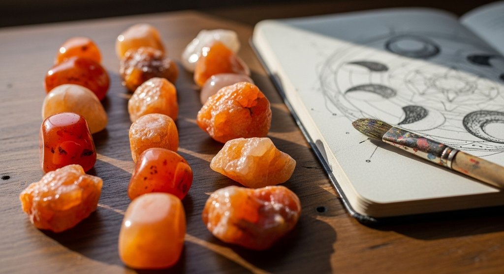 Heilsteine und ein Skizzenbuch zur Förderung der Kreativität durch das Sakralchakra.