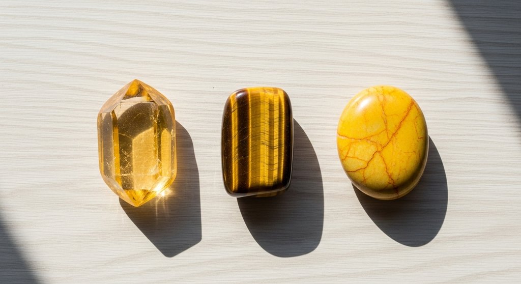 Heilsteine wie Citrin und Tigerauge zur Stärkung des Solarplexuschakras.