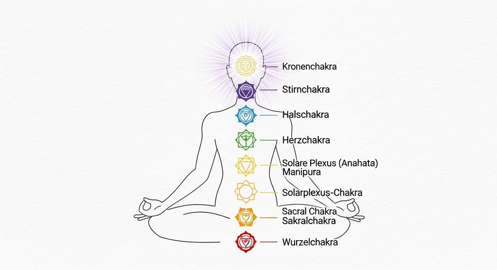 Infografik der 7 Chakren im menschlichen Körper mit Fokus auf dem Kronenchakra.