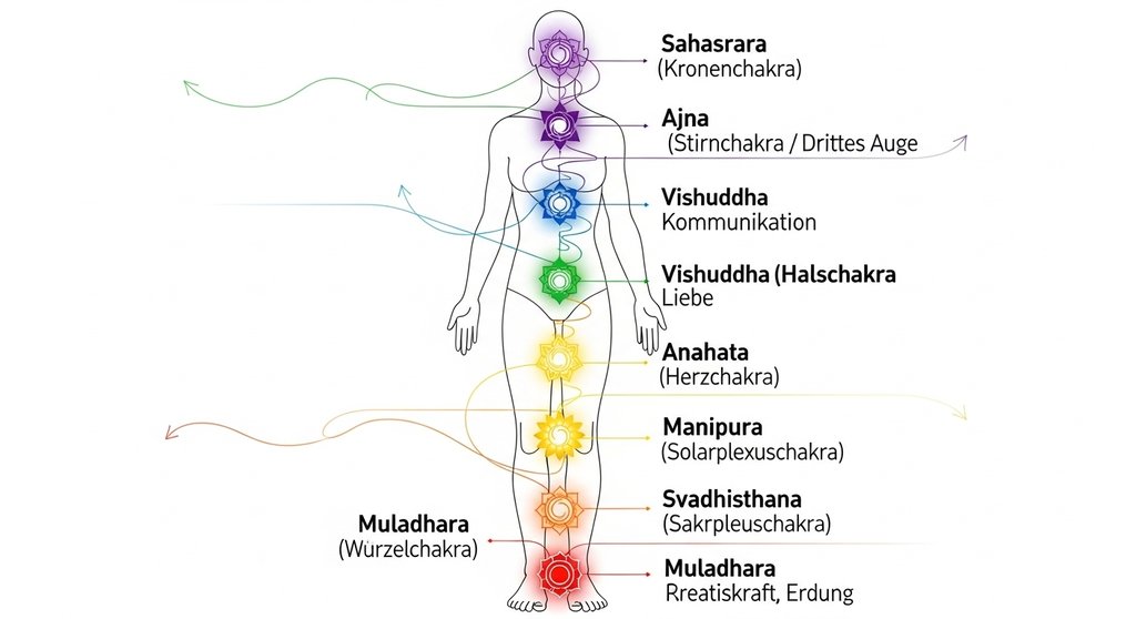 Infografik der 7 Chakren mit den dazugehörigen Atemtechniken zur Harmonisierung.