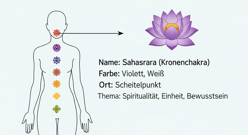 Infografik der 7 Chakren mit Details zum Kronenchakra (Sahasrara).
