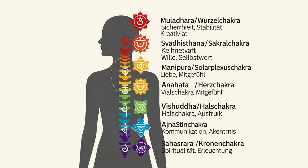 Infografik der 7 Chakren mit ihren Namen, Farben und Bedeutungen entlang der Wirbelsäule.