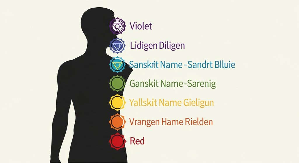 Infografik der 7 Chakren mit ihrer Position entlang der Wirbelsäule, den Namen und den zugehörigen Farben.