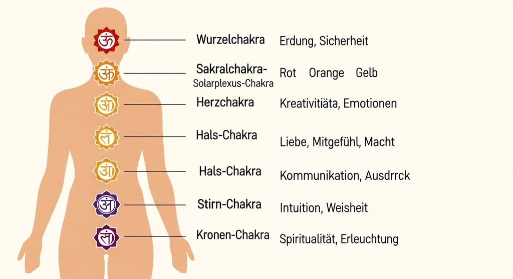Infografik der 7 Chakren mit Position, Namen, Symbol und Kernthema.