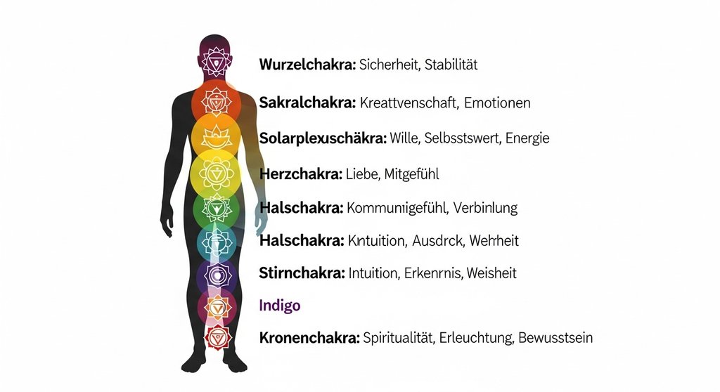 Infografik der 7 Hauptchakren mit ihren Bedeutungen für die Chakra-Heilung.