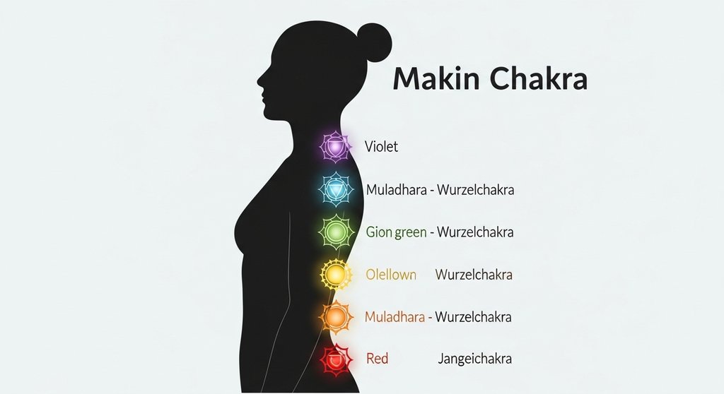 Infografik der 7 Hauptchakren mit ihren deutschen Namen und Farben.