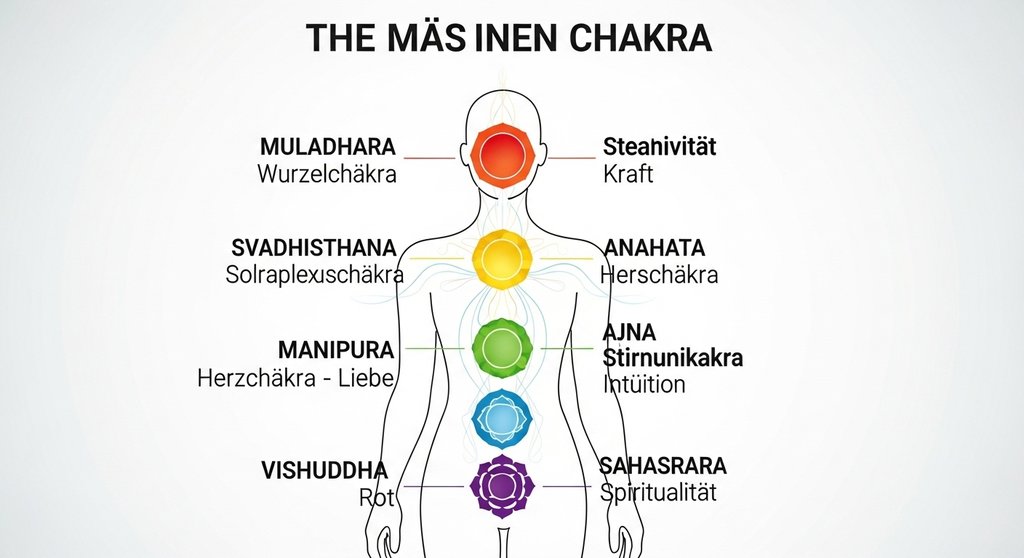 Infografik der 7 Hauptchakren mit Namen, Farbe und Lage.