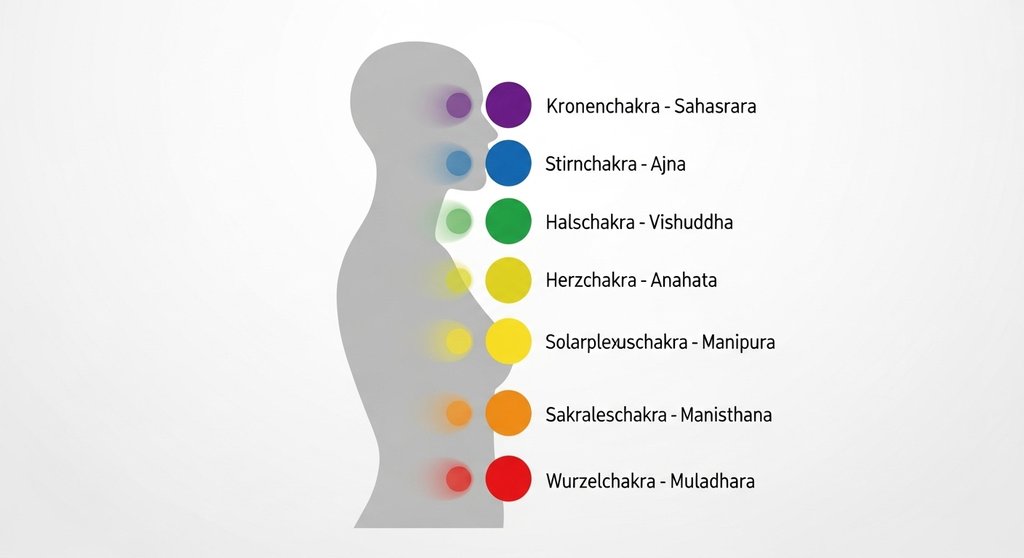 Infografik der 7 Hauptchakren mit Namen und Position am Körper.