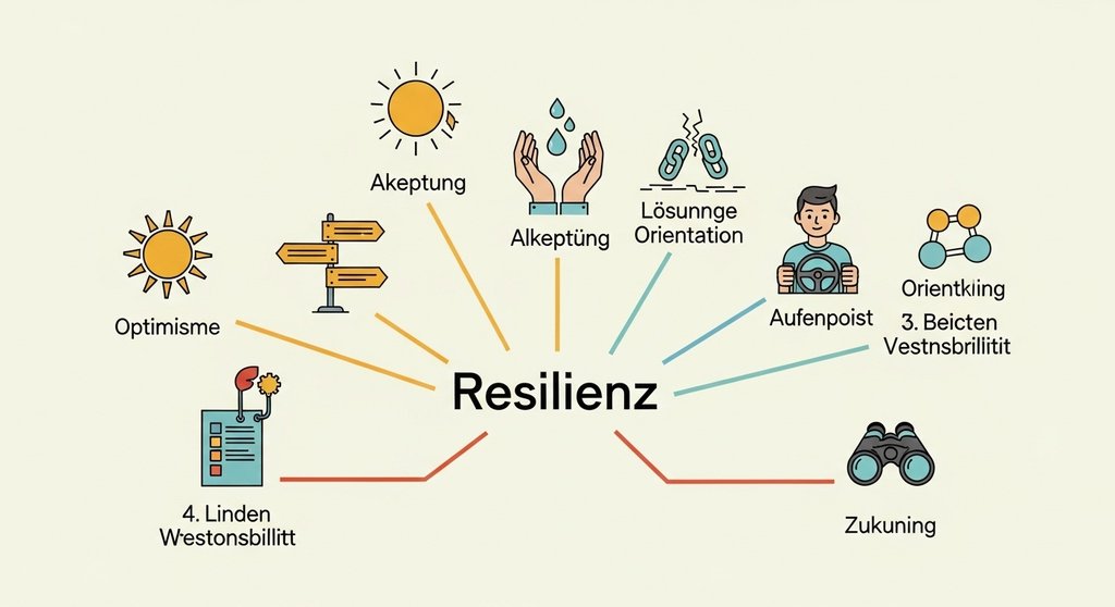 Infografik der 7 Säulen der Resilienz mit den Begriffen Optimismus, Akzeptanz und Lösungsorientierung.