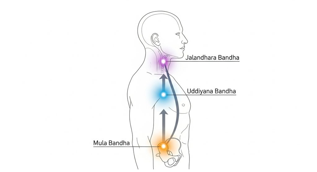 Infografik der drei Haupt-Bandhas im menschlichen Körper: Mula, Uddiyana und Jalandhara.