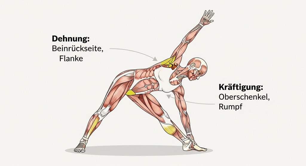 Infografik der in Trikonasana beanspruchten Muskeln, mit Fokus auf Dehnung und Kräftigung.