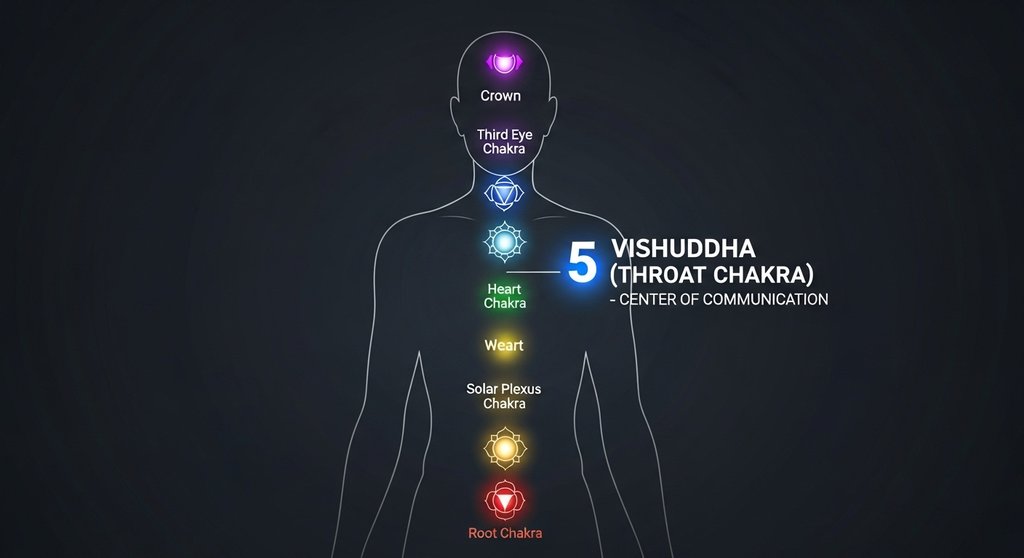 Infografik der sieben Chakren mit besonderem Fokus auf das blau leuchtende Halschakra.