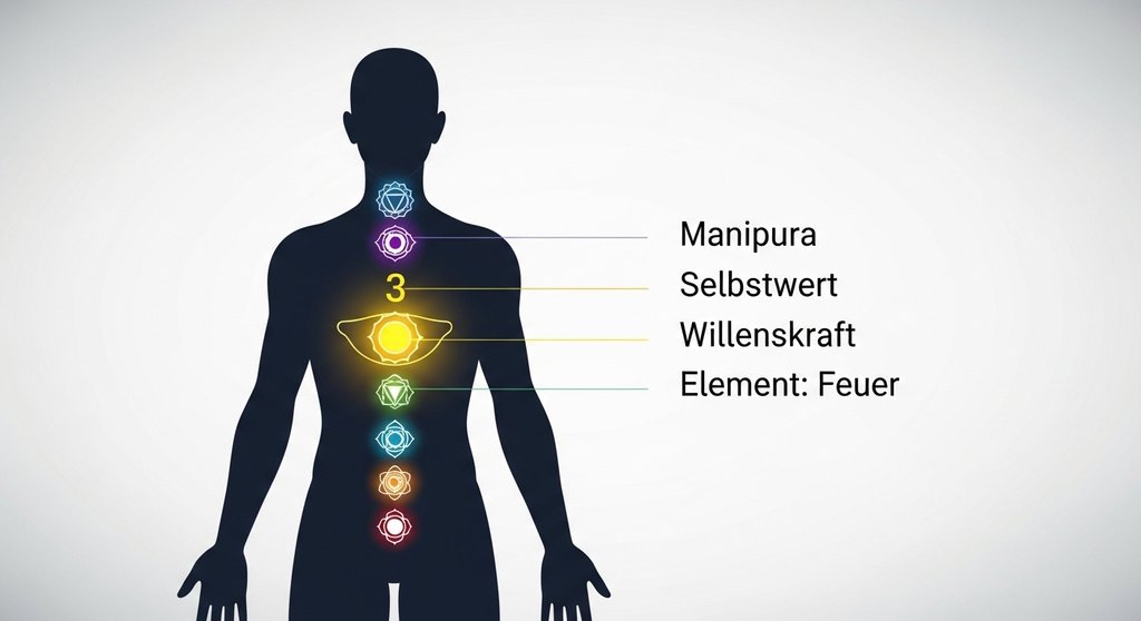 Infografik der sieben Chakren mit besonderem Fokus auf das gelbe Solarplexuschakra und seine Bedeutung.
