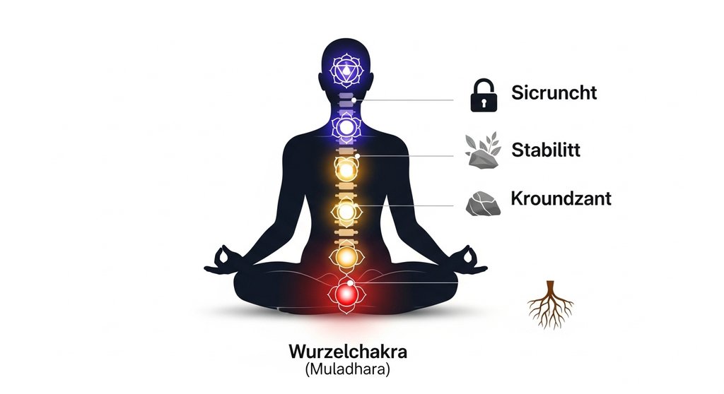 Infografik der sieben Chakren mit Fokus auf die Bedeutung des Wurzelchakras.