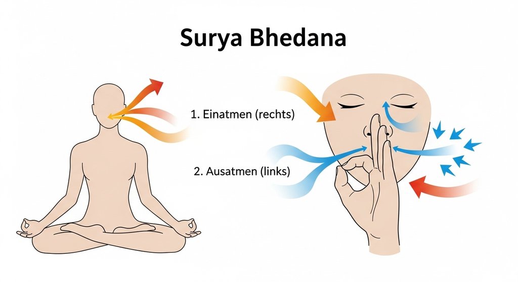 Infografik, die den Atemfluss bei der Surya Bhedana Pranayama Atemtechnik erklärt.