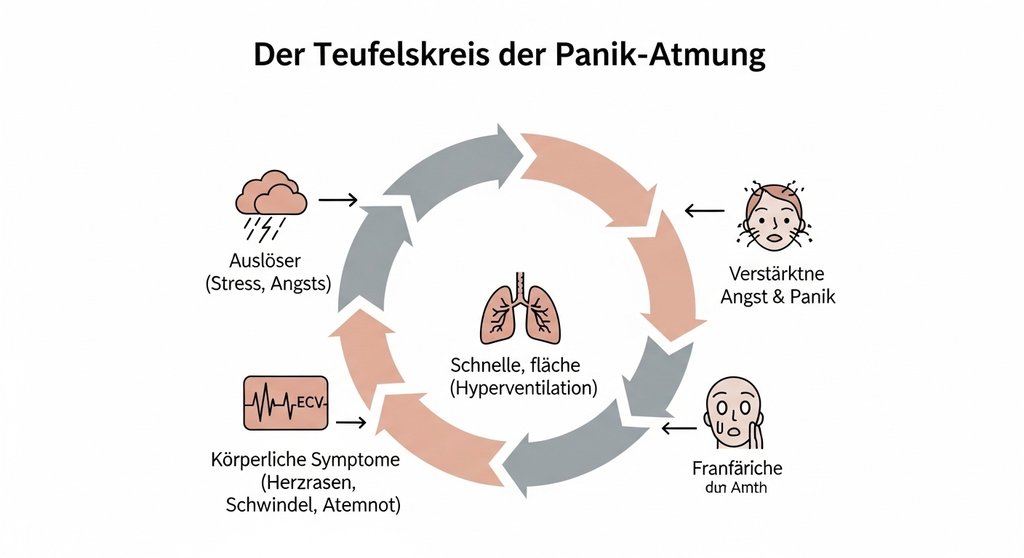 Infografik, die den Teufelskreis von Angst und Hyperventilation bei Panikattacken zeigt.