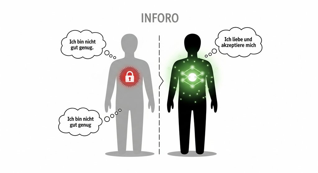 Infografik, die den Unterschied zwischen einem blockierten und einem offenen Herzchakra zeigt.