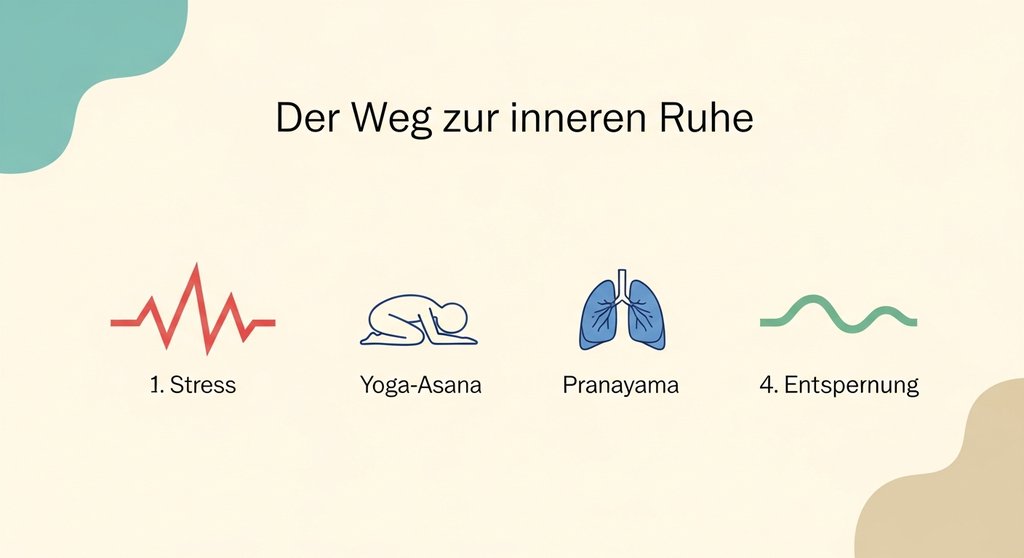 Infografik, die den Weg von Stress zu innerer Ruhe durch Yoga und Pranayama zeigt.