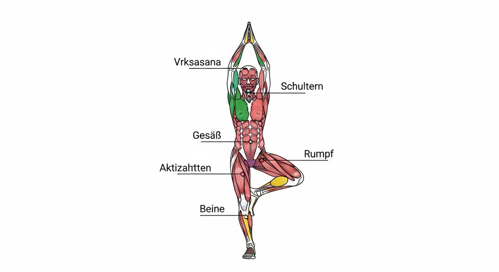 Infografik, die die im Yoga Baum (Vrksasana) aktivierten Muskeln zeigt.