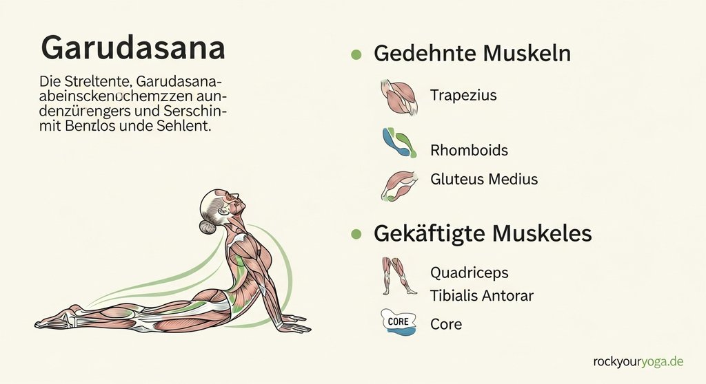 Infografik, die die in Garudasana (Adler) gedehnten und gekräftigten Muskeln zeigt.