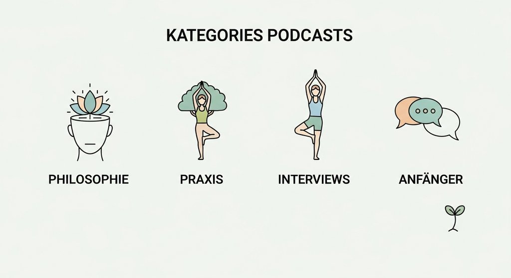 Infografik, die die vier Hauptkategorien von Yoga Podcasts zeigt: Philosophie, Praxis, Interviews und Anfänger.