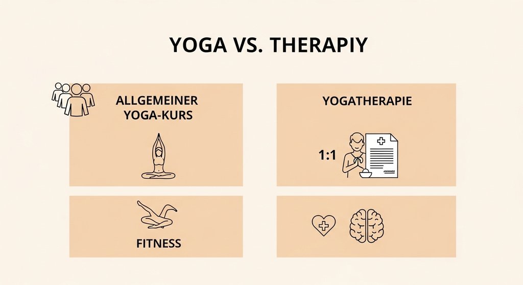Infografik, die die zentralen Unterschiede zwischen einem Yoga-Kurs und Yogatherapie aufzeigt.