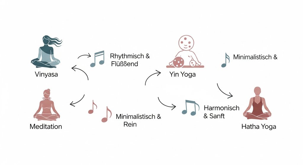 Infografik, die passende Yoga Musik für verschiedene Yoga-Stile empfiehlt.