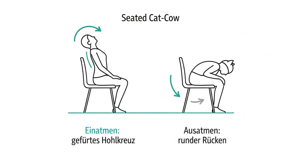 Infografik einer Person, die auf einem Stuhl die Yoga-Übung Katze-Kuh praktiziert.