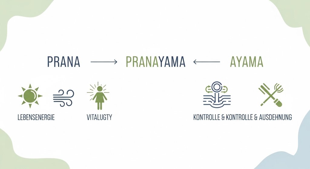 Infografik erklärt den Begriff Pranayama aus den Sanskrit-Wörtern Prana und Ayama.