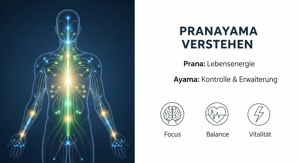 Infografik erklärt die Bedeutung des Begriffs Pranayama und seiner Wirkung.
