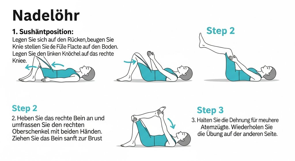 Infografik mit Anleitung zur Yoga-Übung Nadelöhr für Anfänger zur Schulterentspannung.