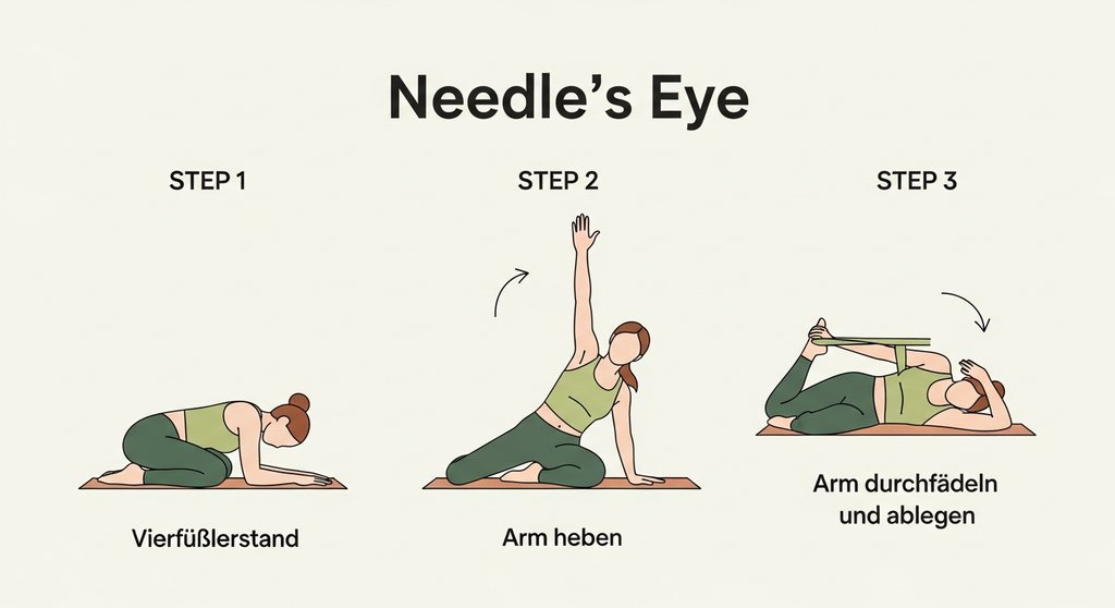 Infografik mit Anleitung zur Yoga-Übung Nadelöhr für die Schulterdehnung.