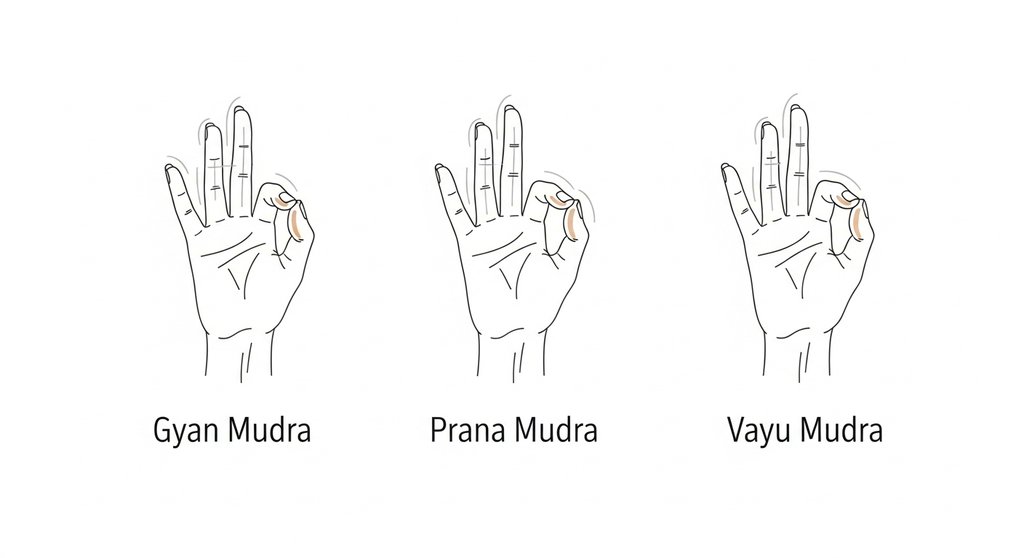 Infografik mit den Handhaltungen der drei wichtigen Mudras Gyan, Prana und Vayu.
