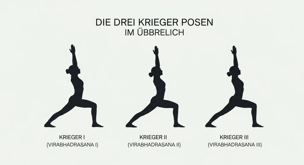 Infografik mit den Silhouetten der drei Yoga Krieger Posen I, II und III.