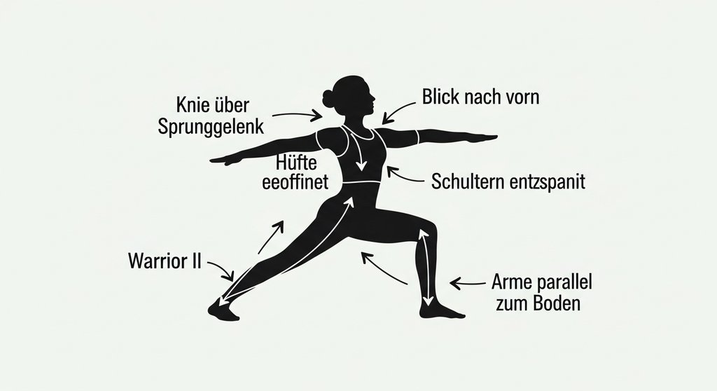 Infografik mit den wichtigsten Ausrichtungspunkten für die Yoga-Haltung Krieger 2.