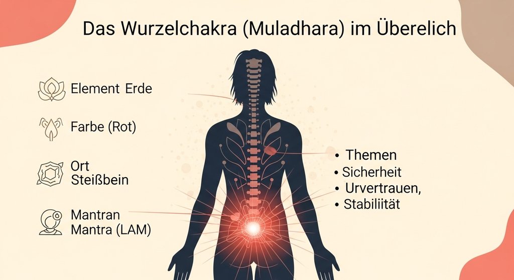Infografik mit den wichtigsten Merkmalen des Wurzelchakras Muladhara.