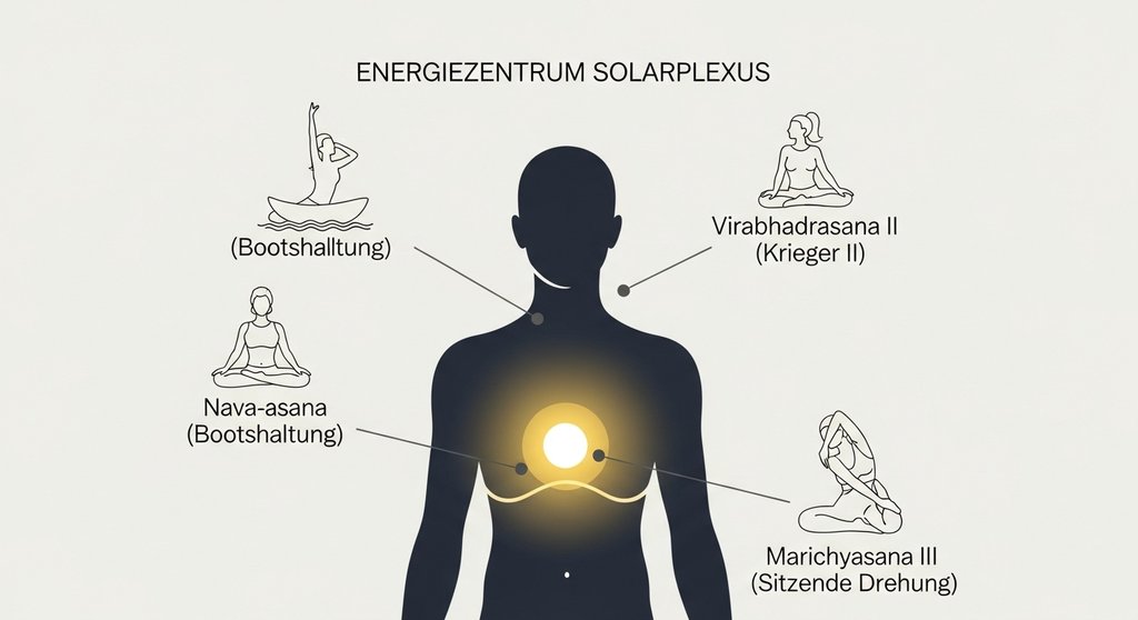 Infografik mit der Lage des Solarplexuschakras und passenden Yoga-Übungen.