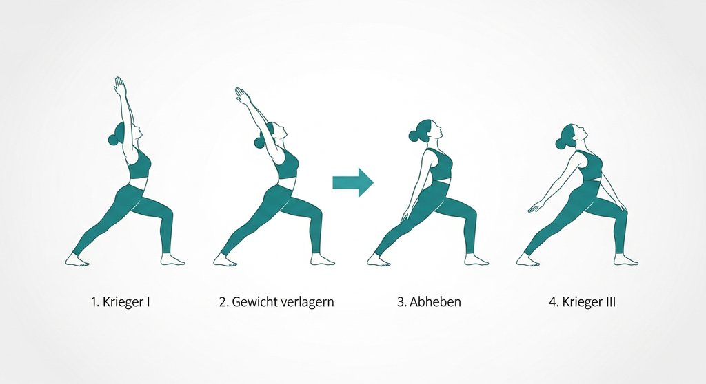 Infografik mit der schrittweisen Anleitung zur Ausführung der Yoga-Pose Krieger 3.
