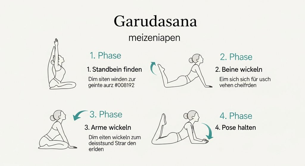 Infografik mit einer Schritt-für-Schritt-Anleitung zur Ausführung der Yoga Adler-Pose.