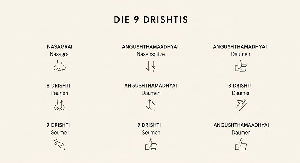 Infografik mit einer Übersicht über die 9 Drishtis und ihre Fokusrichtungen im Yoga.