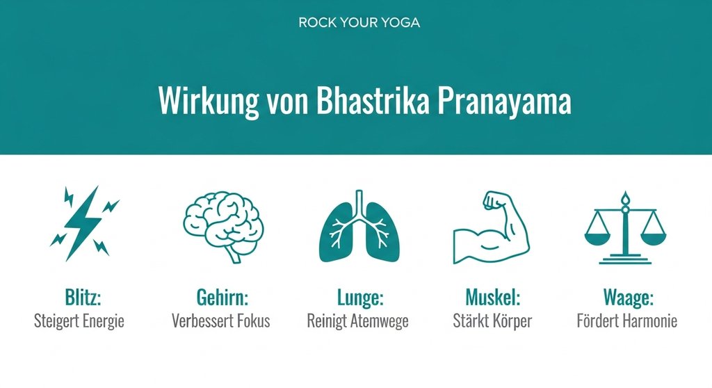 Infografik über die fünf Hauptwirkungen von Bhastrika Pranayama: Energie, Fokus, Reinigung, Stärkung und Harmonie.