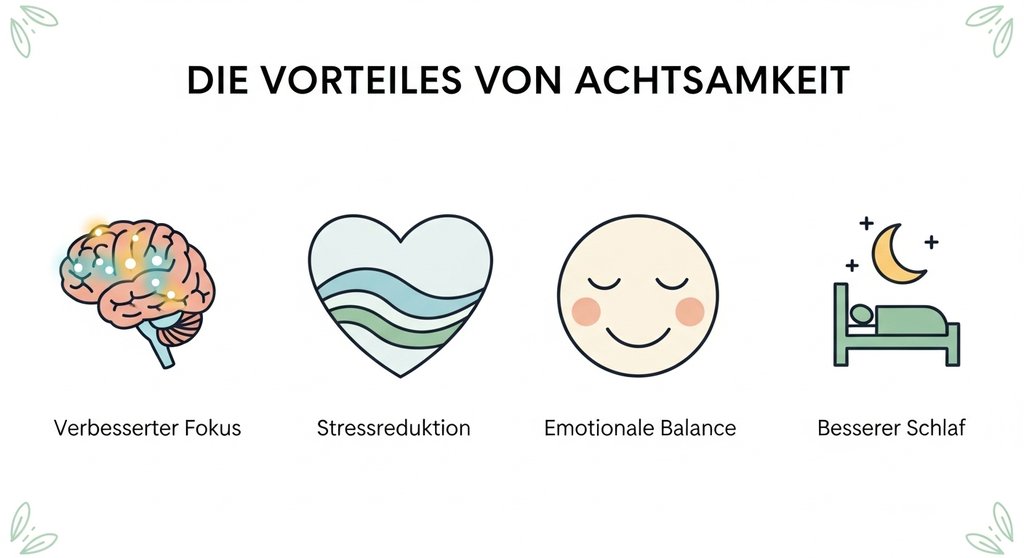 Infografik über die vier zentralen Vorteile von Achtsamkeitsübungen.