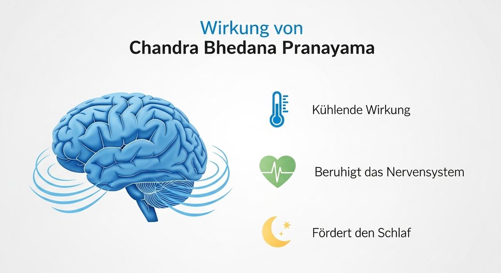 Infografik zeigt die Vorteile der Mondatmung Chandra Bhedana: Kühlung, Beruhigung und Schlaf.