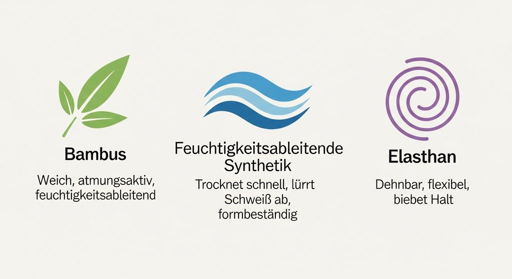 Infografik zu den besten Materialien für Yoga-Kleidung: Bambus, Funktionsstoffe und Elasthan.