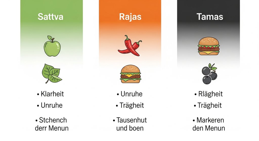 Infografik zu den drei Gunas Sattva, Rajas und Tamas mit Beispielen für Lebensmittel und ihrer Wirkung.